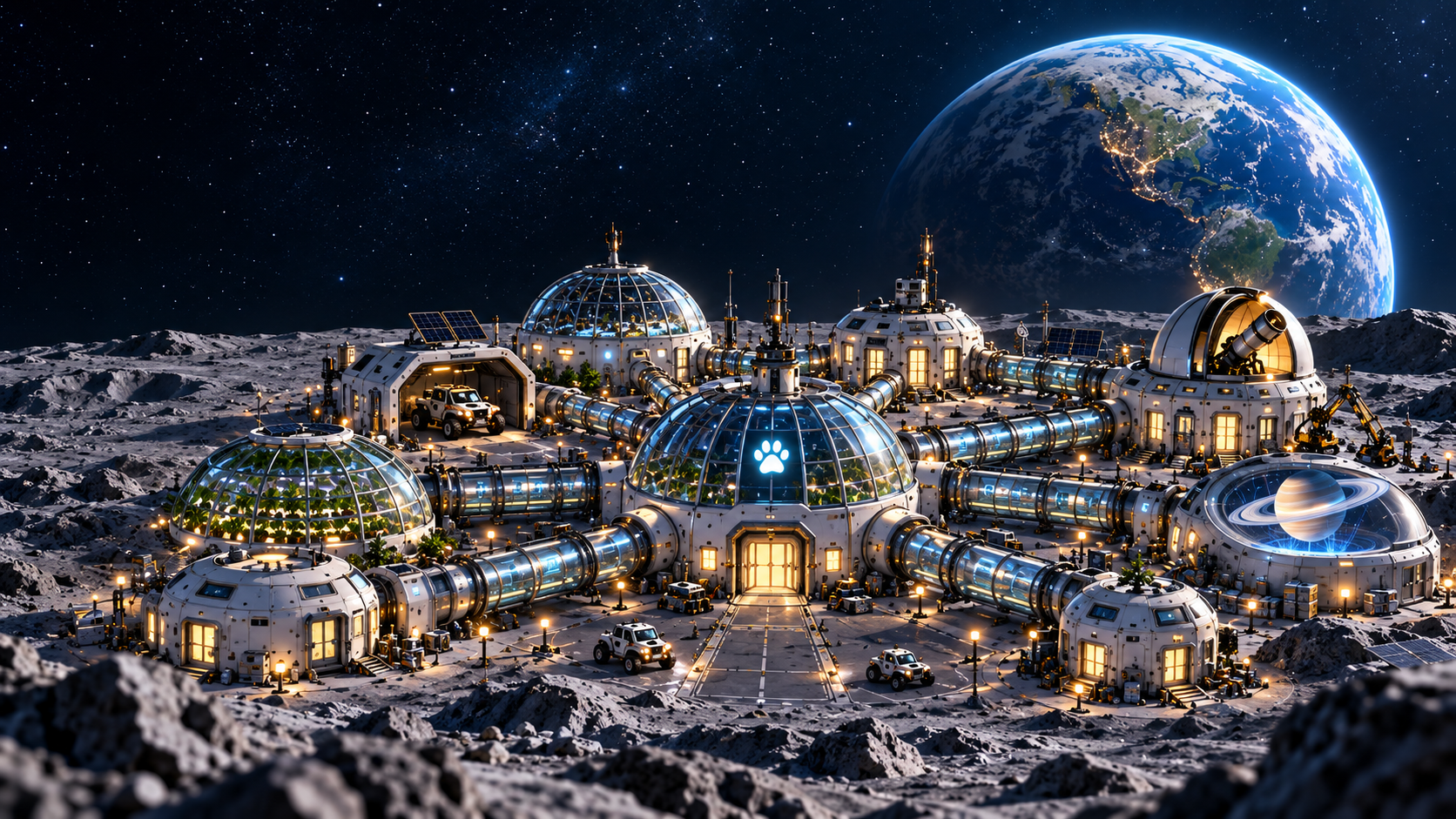Eight connected lunar base modules surrounding Corgy’s central glass dome, with Earth above the Moon
